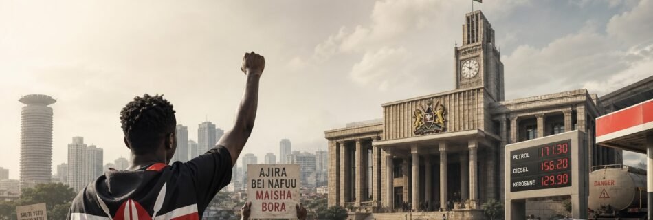 Kenya editorial hero image showing political firmness, civic pressure, fuel costs and youth mobilization.