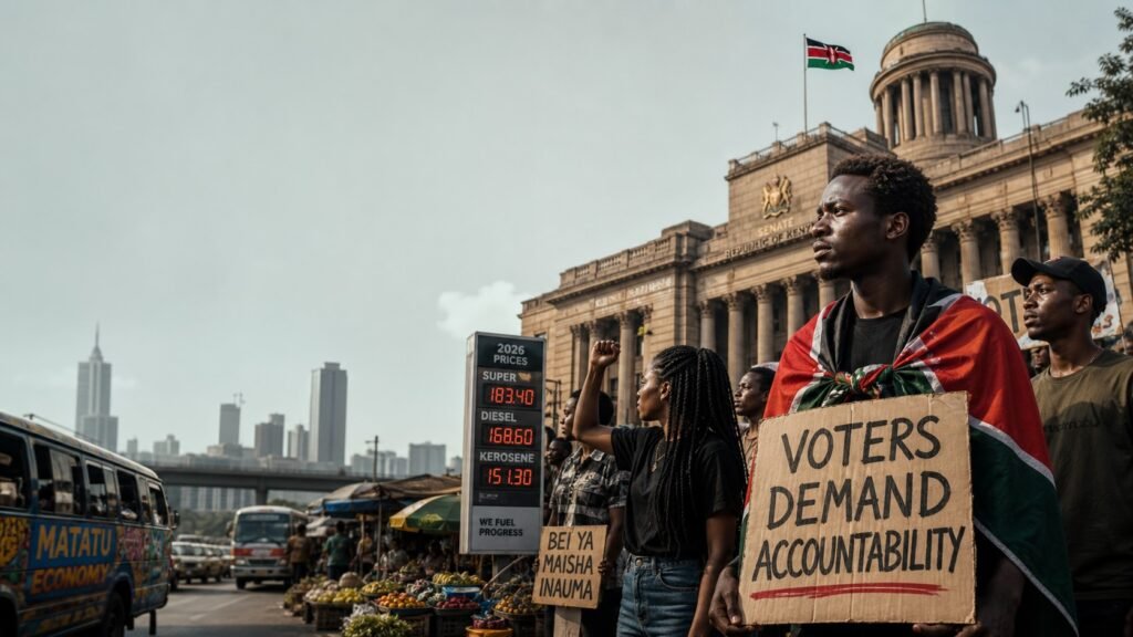Hero image for Africa3000 showing Kenya’s politics, fuel pressure, civic debate, and youth mobilization ahead of the 2027 election.