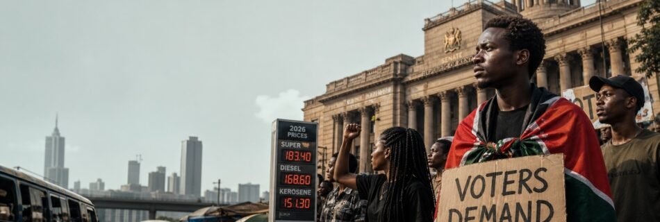 Hero image for Africa3000 showing Kenya’s politics, fuel pressure, civic debate, and youth mobilization ahead of the 2027 election.