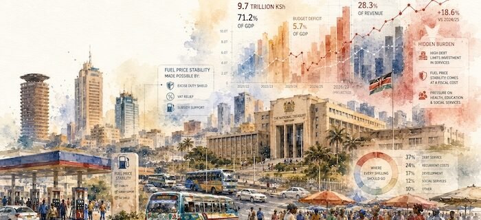 Kenya editorial hero image showing budget strain, public debt and fuel relief.