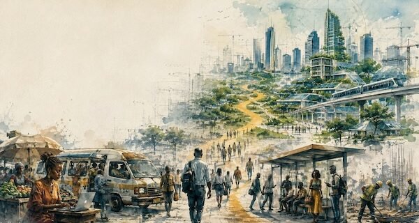 Editorial watercolour illustration showing everyday life in Kenya leading towards a green and modern future Nairobi envisioned for 2060.