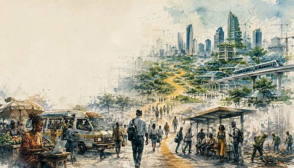 Editorial watercolour illustration showing everyday life in Kenya leading towards a green and modern future Nairobi envisioned for 2060.